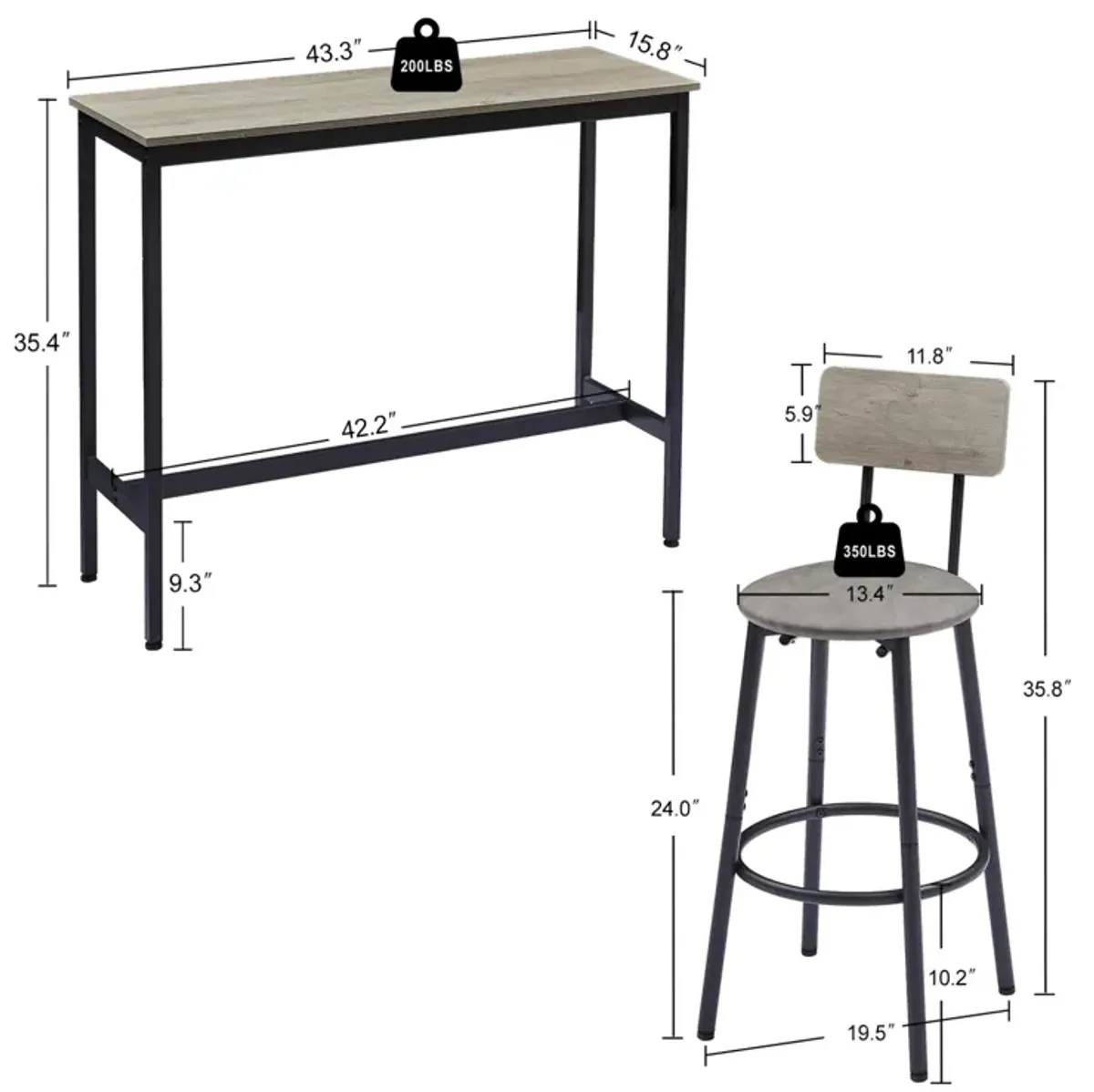 Bar Table Set With 2 Bar Stools PU Soft Seat With Backrest, 43.31" L X 15.75" W X 35.43"