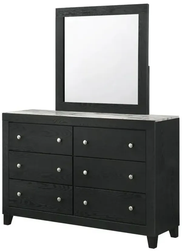 Benjara YOH 57 Inch Wide Dresser with Mirror, 6 Drawers, Round Handles, Wood, Black and Silver