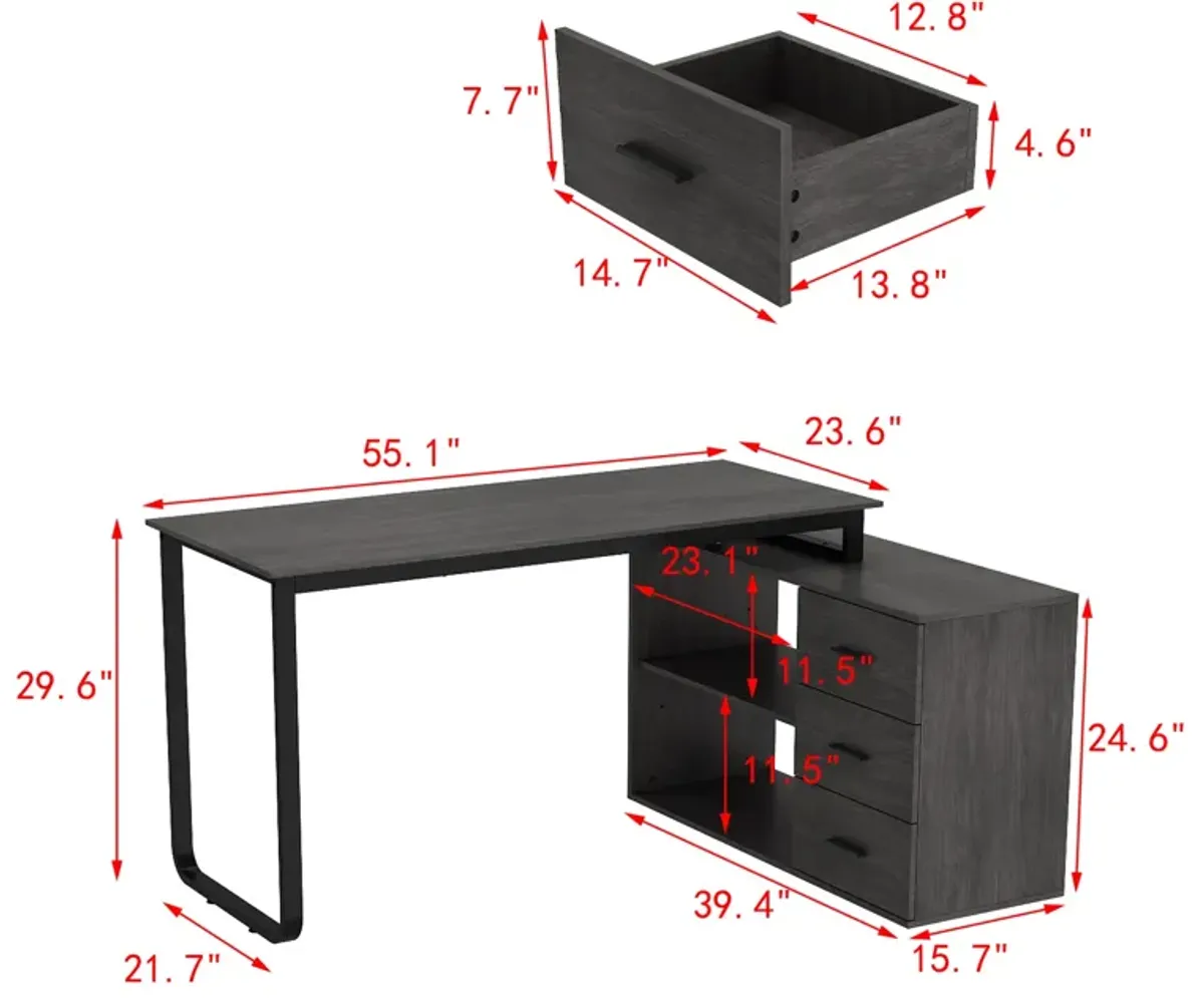 55.1” L-Shaped Desk with Drawers and Shelves, Office Desk Corner Desk with Storage, Computer Desk Craft Desk for Home Office Bedroom