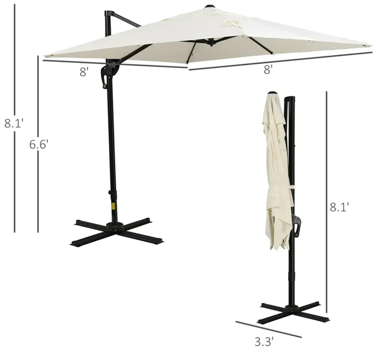 Outsunny 8FT Cantilever Patio Umbrella, Square Outdoor Offset Umbrella with 360° Rotation, Aluminum Hanging Umbrella with 3-Position Tilt, Crank & Cross Base for Garden Deck Pool Backyard, Off White