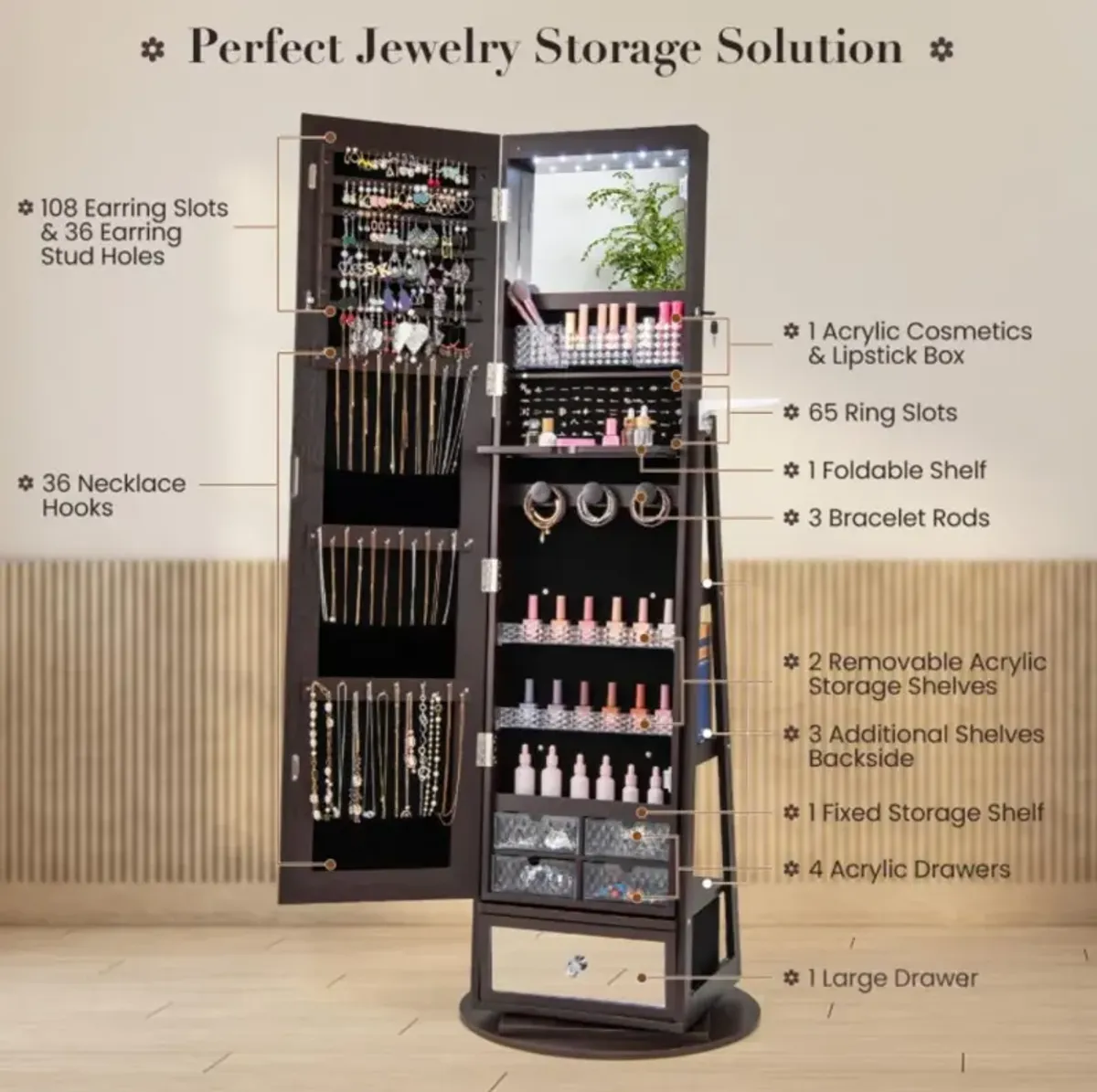 Hivvago Lockable 360Â° Swivel Jewelry Cabinet with Full-Length Mirror LED Lights