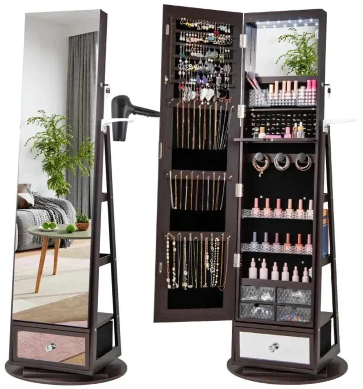 Hivvago Lockable 360Â° Swivel Jewelry Cabinet with Full-Length Mirror LED Lights