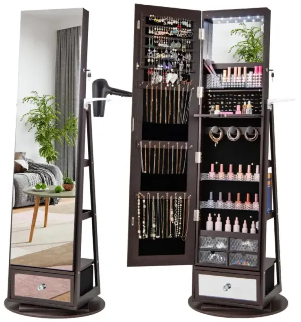 Hivvago Lockable 360° Swivel Jewelry Cabinet with Full-Length Mirror LED Lights