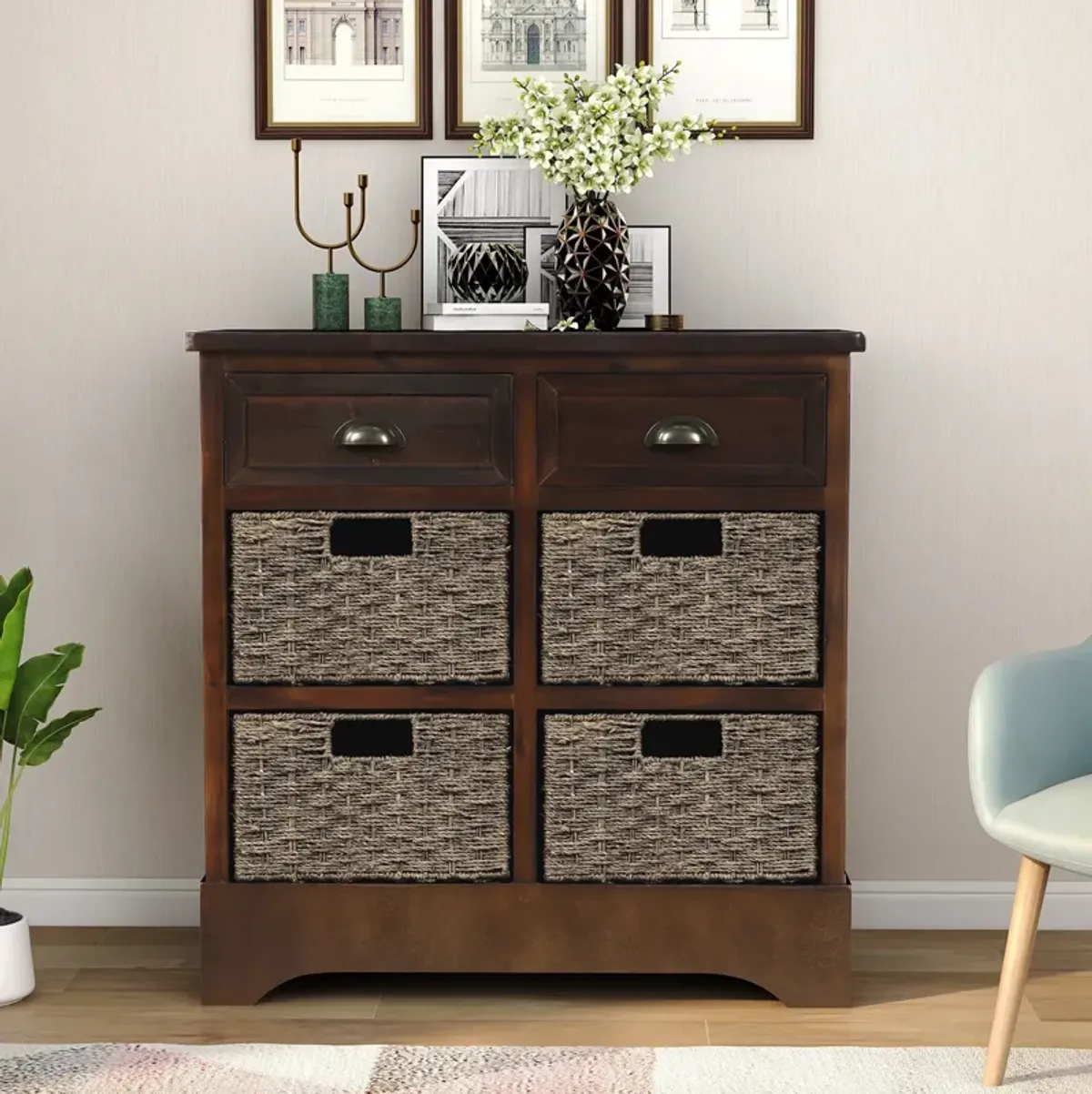 Streamdale Rustic Storage Cabinet With Two Drawers And Four Classic Rattan Basket