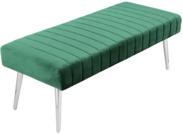 Lida 45 Inch Bench, Modern Tufted Lines, Green Soft Velvet, Chrome Metal - Benzara