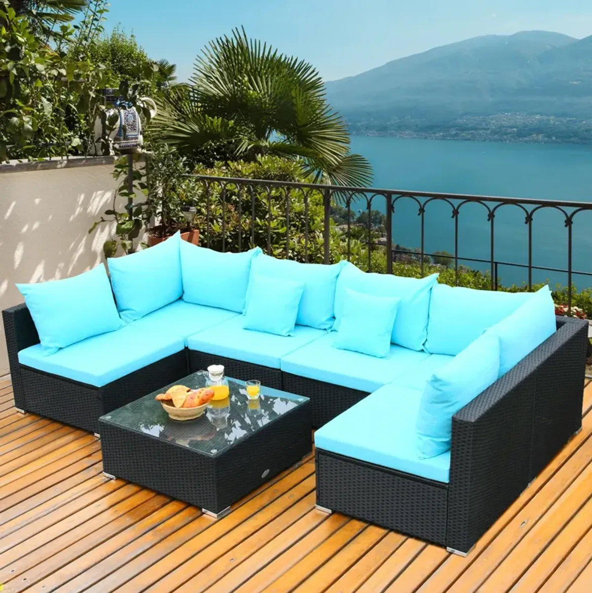 7 Pieces Sectional Wicker Furniture Sofa Set with Tempered Glass Top-Blue