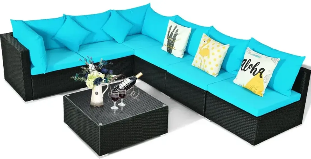 7 Pieces Sectional Wicker Furniture Sofa Set with Tempered Glass Top-Blue