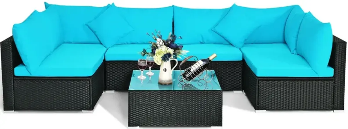 7 Pieces Sectional Wicker Furniture Sofa Set with Tempered Glass Top-Blue