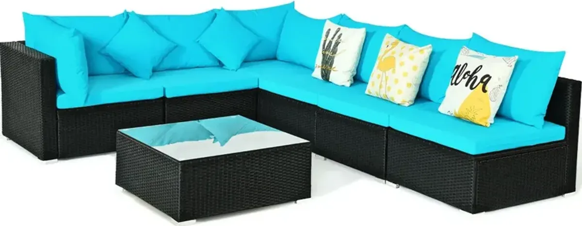 7 Pieces Sectional Wicker Furniture Sofa Set with Tempered Glass Top-Blue