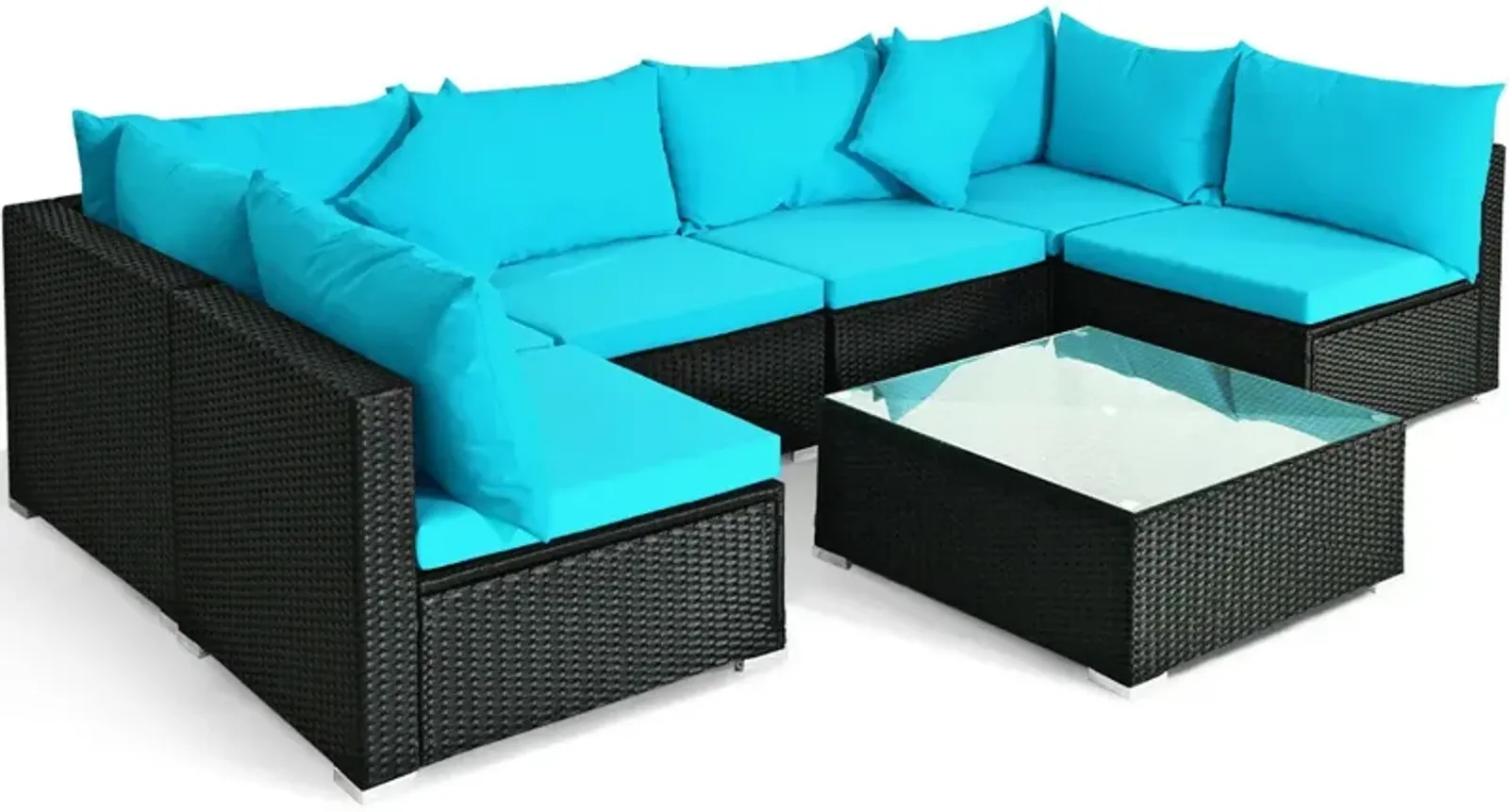 7 Pieces Sectional Wicker Furniture Sofa Set with Tempered Glass Top-Blue