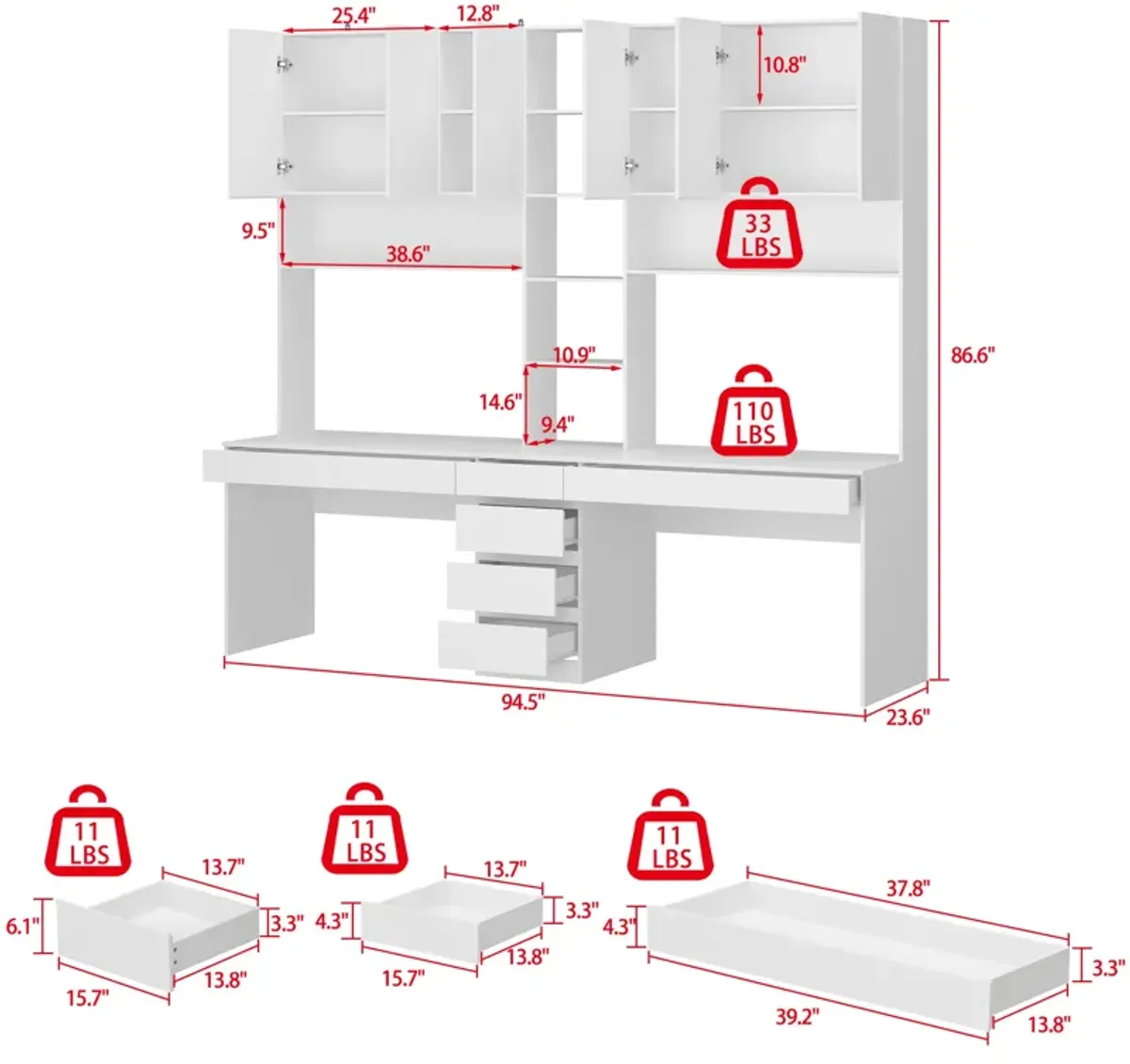 94.5 in. W Large 2-in-1 Wood Double Computer Desk White Writing Desk with 86.6" Tall Bookshelf, Drawers for Home Office