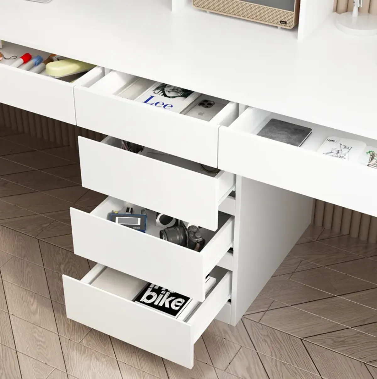 94.5 in. W Large 2-in-1 Wood Double Computer Desk White Writing Desk with 86.6" Tall Bookshelf, Drawers for Home Office