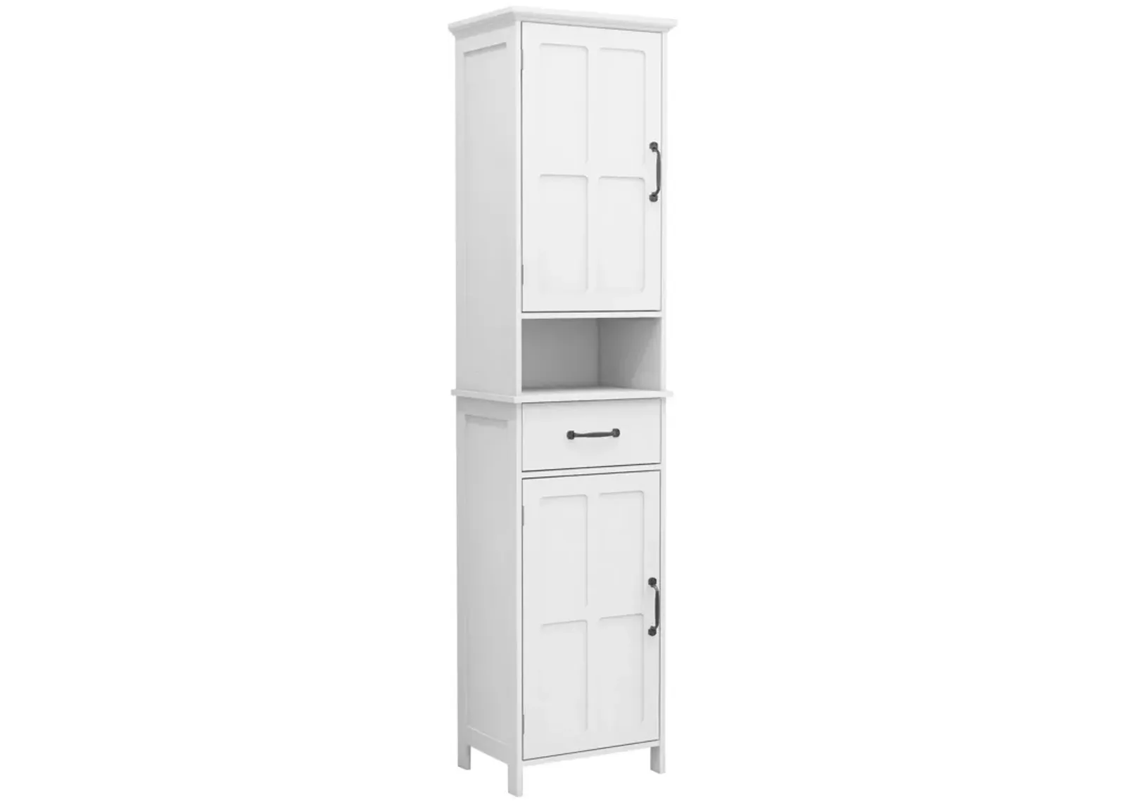 65 Inch Tall Standing Cabinet with 1 Open Shelf, Black Metal Handles, White-Benzara