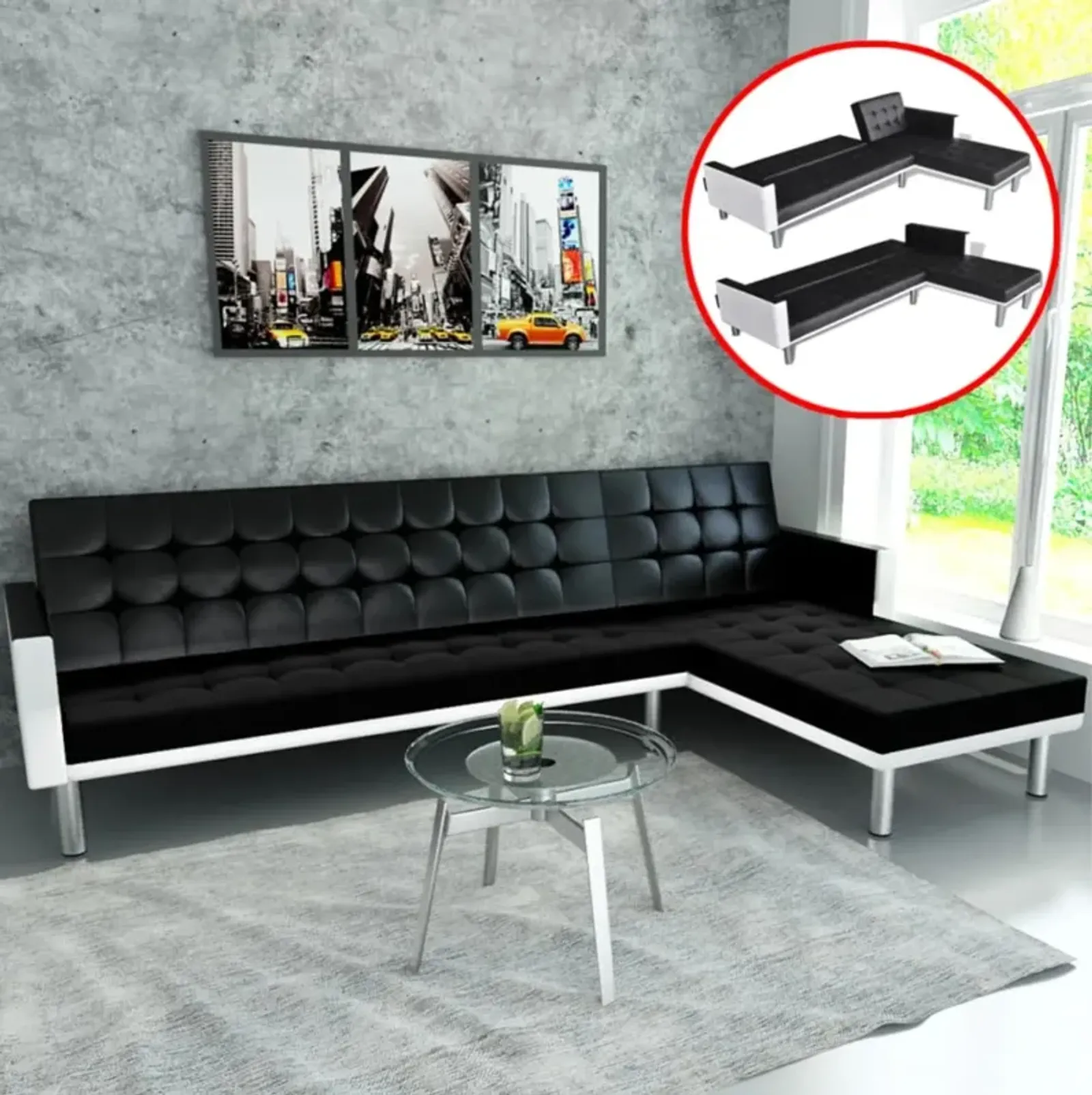 vidaXL L-shaped Sofa Bed Artificial Leather Black and White