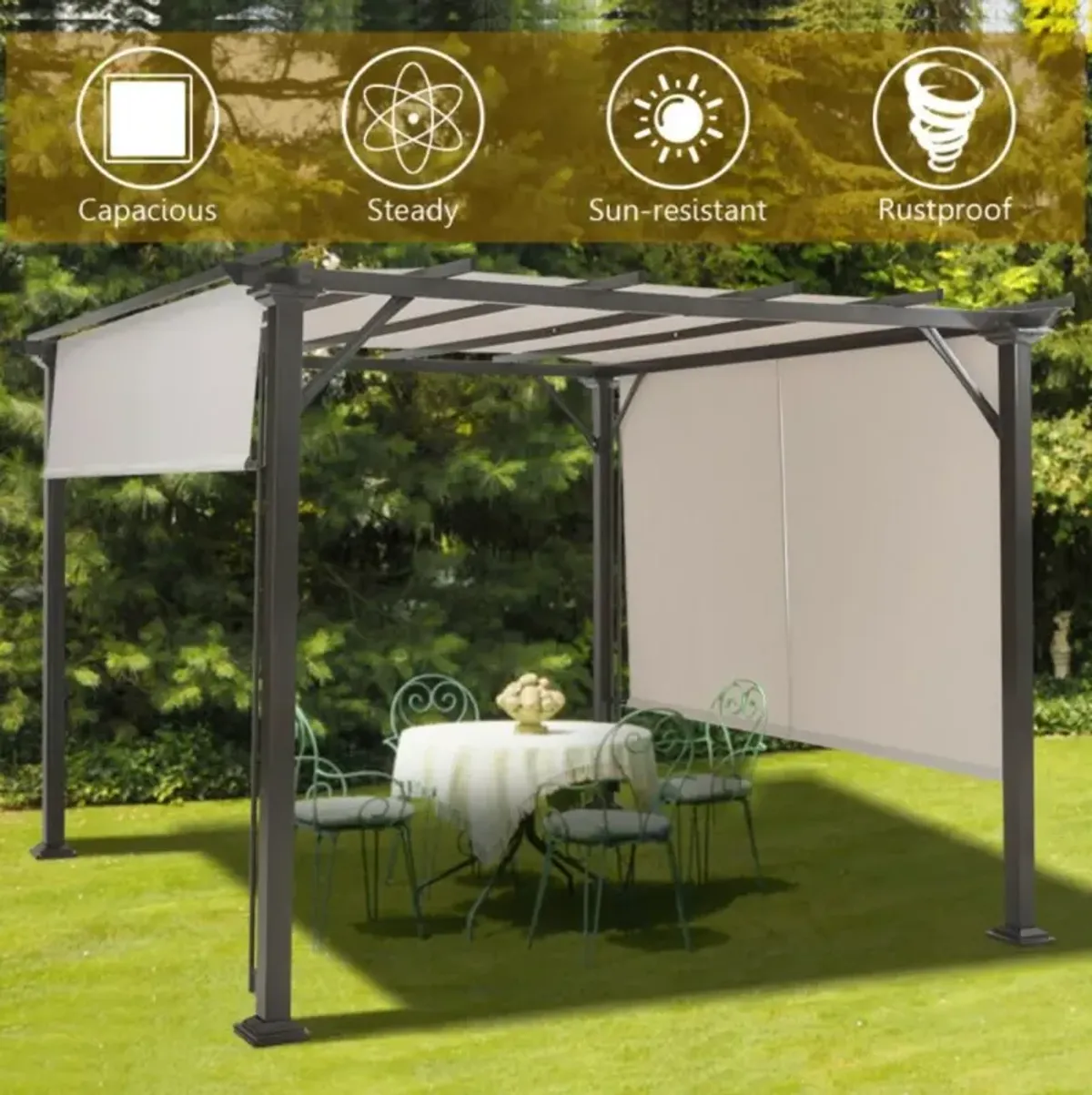 Hivvago 10 x 10 Feet Metal Frame Patio Furniture Shelter-Beige