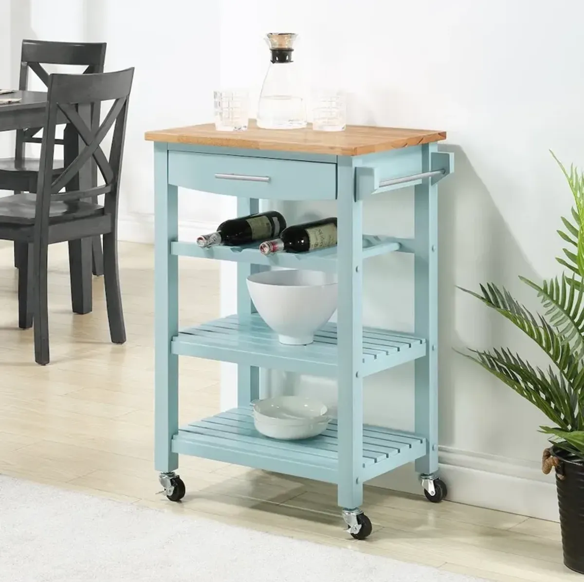 Convenience Concepts Ellaine 4 Tier Butcher Block Kitchen Cart with Drawer and Wine Rack