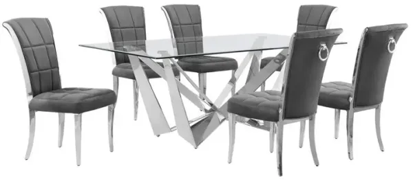 7pc Small(78") glass dining set with silver base and 6 Dark grey side chairs