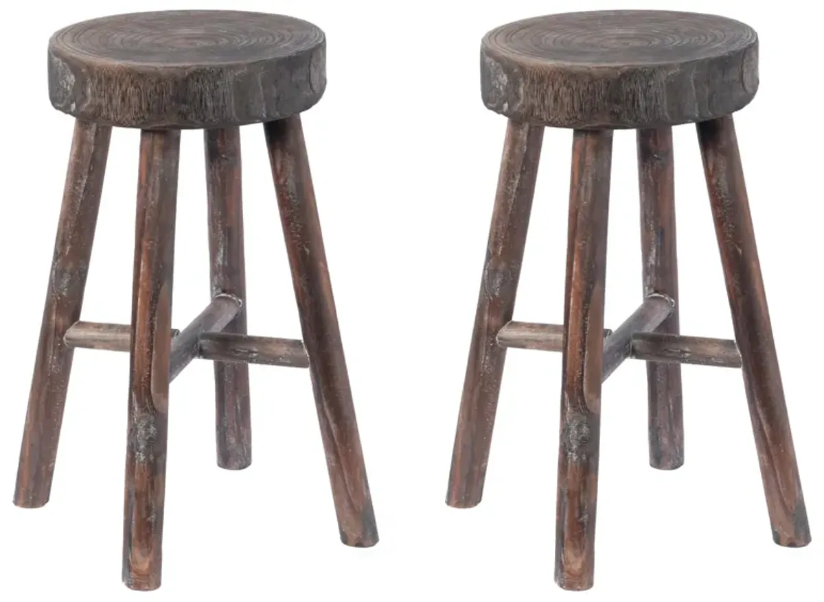 Antique Round Wooden Chair Log Cabin Stools Set of 2