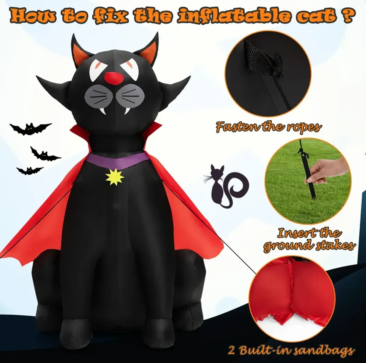 4.7 Feet Halloween Inflatable Vampire Cat with Red Cloak