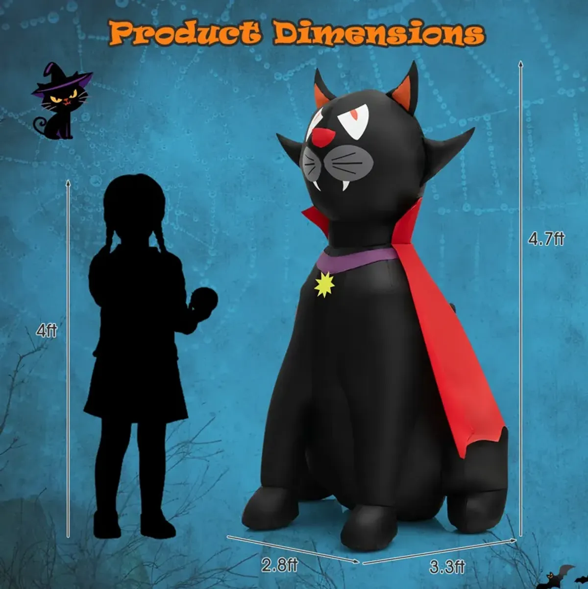 4.7 Feet Halloween Inflatable Vampire Cat with Red Cloak