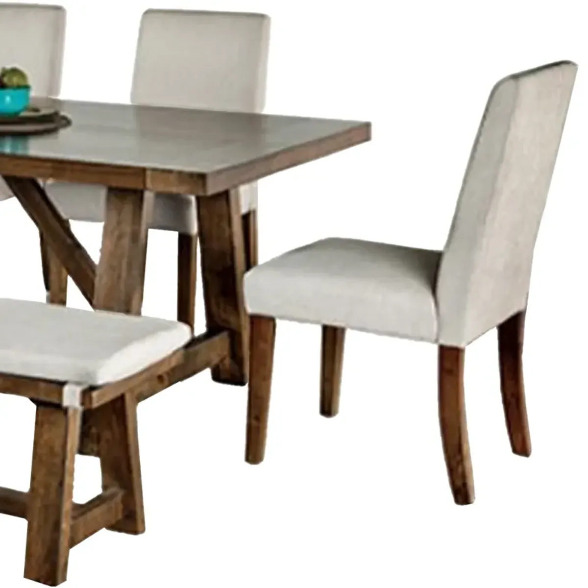 Jule 6pc Dining Set, Brown Rectangular Table, Chairs, Bench w White Seats - Benzara