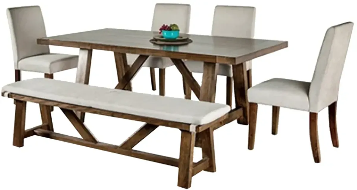Jule 6pc Dining Set, Brown Rectangular Table, Chairs, Bench w White Seats - Benzara