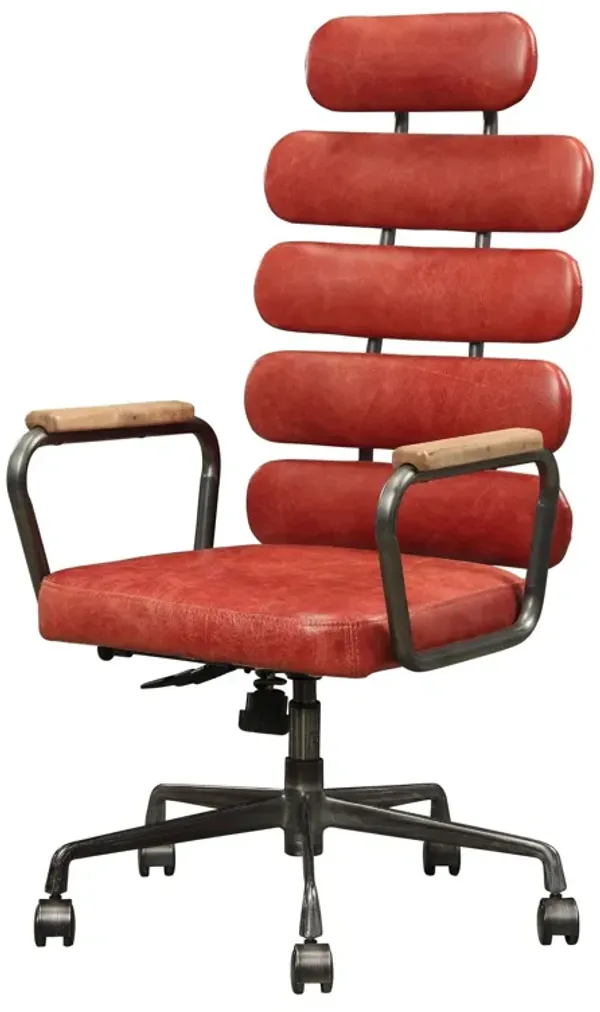Leatherette Metal Swivel Executive Chair with Five Horizontal Panels Backrest, Red and Gray - Benzara