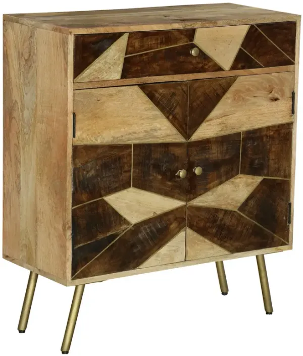 Brita 36 Inch Mango Wood Nightstand Side Table Cabinet, 2 Doors, Geometric Inlaid Design, Brown, Gold - Benzara