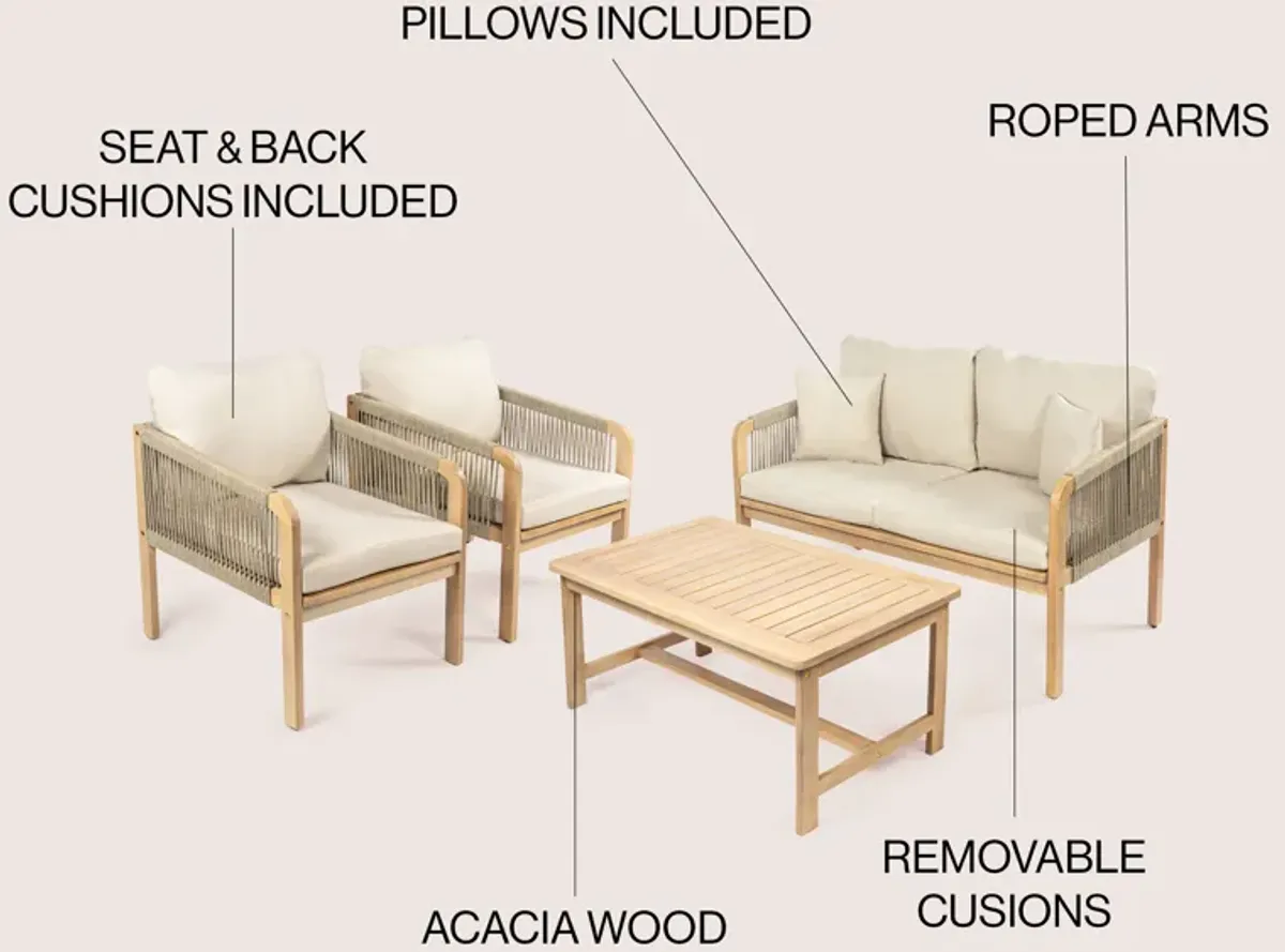 Tavira 4-Piece Modern Bohemian Acacia Wood Outdoor Patio Set with Cushions and Plain Decorative Pillows