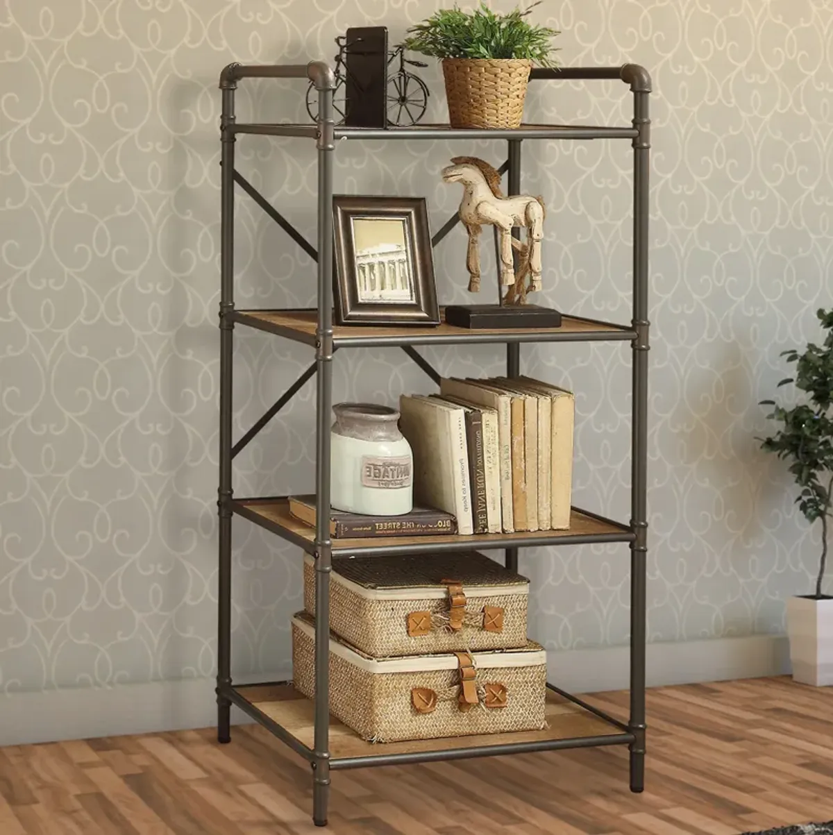 Three Tier Metal Bookshelf With Wooden Shelves, Oak Brown & Gray-Benzara