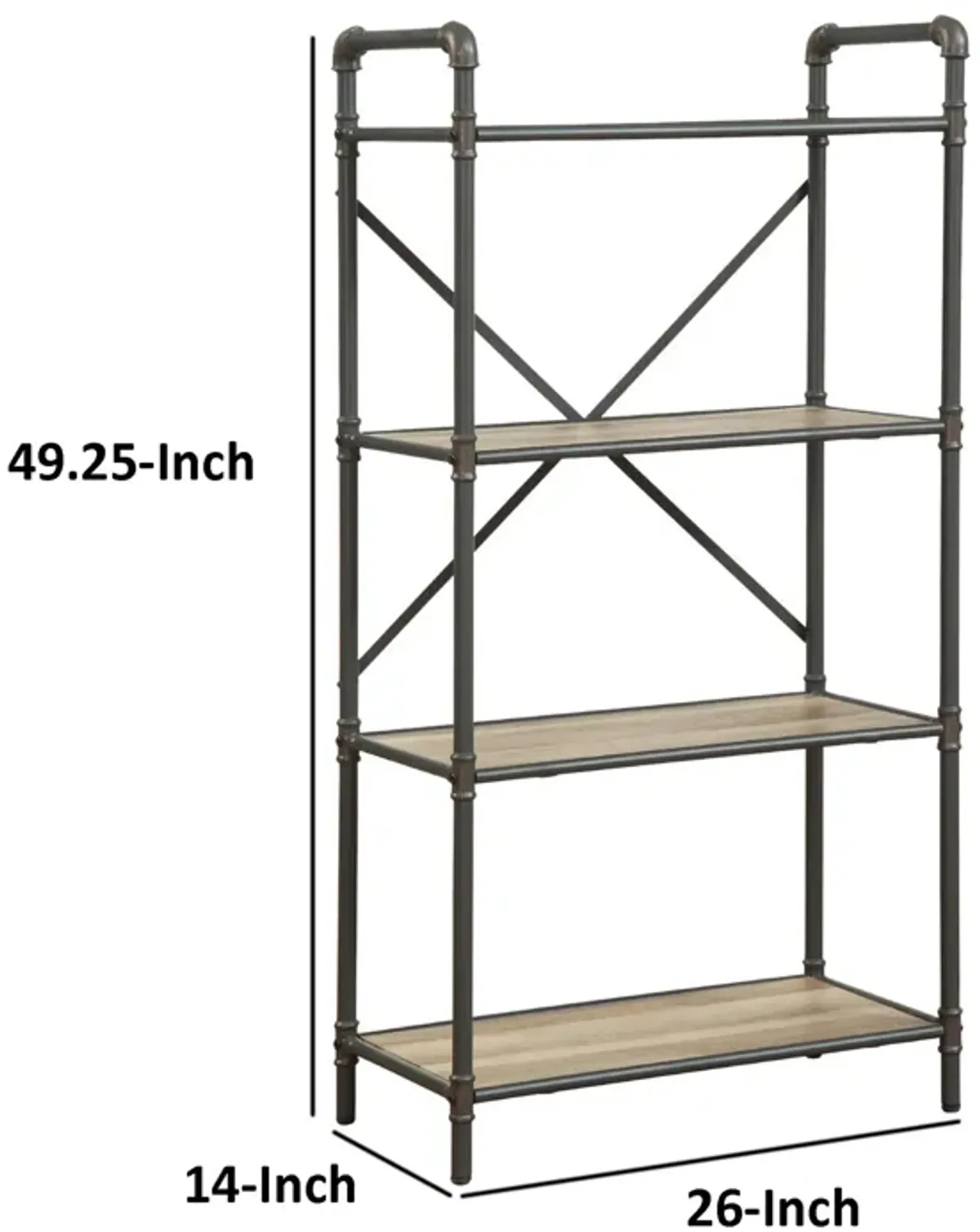 Three Tier Metal Bookshelf With Wooden Shelves, Oak Brown & Gray-Benzara