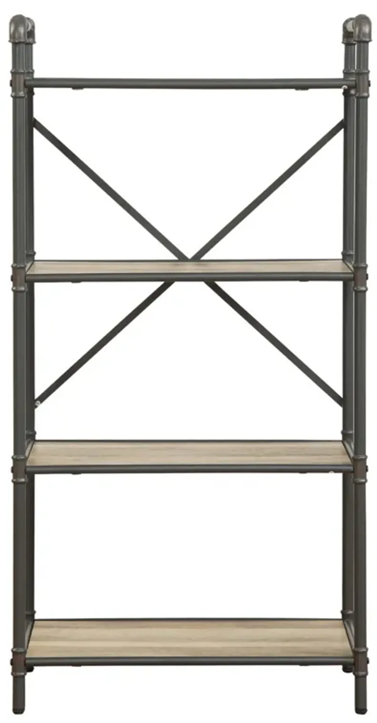 Three Tier Metal Bookshelf With Wooden Shelves, Oak Brown & Gray-Benzara