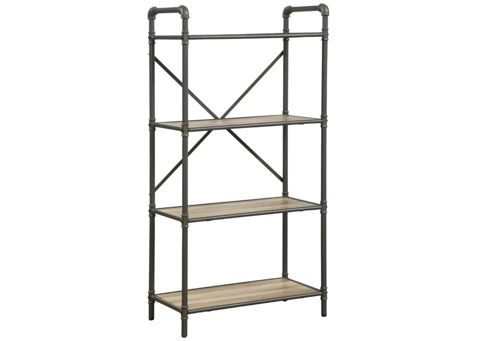 Three Tier Metal Bookshelf With Wooden Shelves, Oak Brown & Gray-Benzara