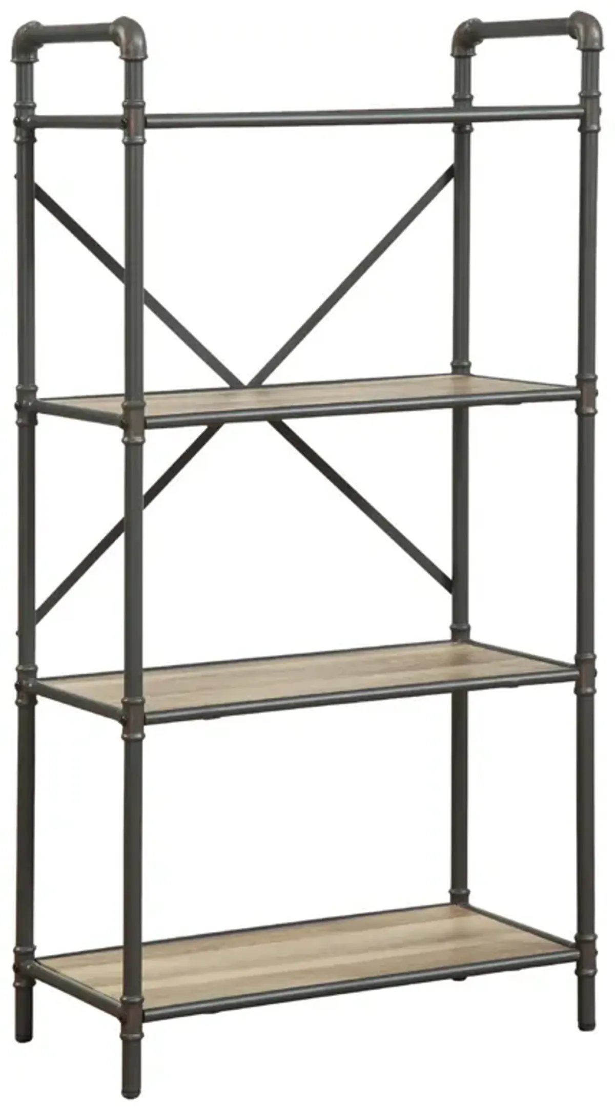 Three Tier Metal Bookshelf With Wooden Shelves, Oak Brown & Gray-Benzara