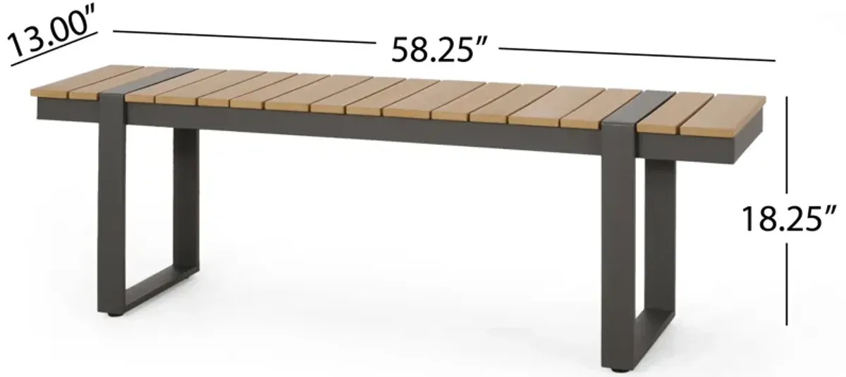 Ferry Outdoor Dining Bench, Brown Wood, Gray Metal Sled Legs, 58 Inch - Benzara