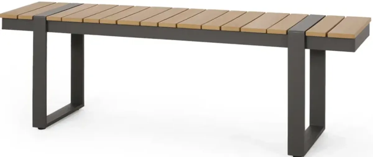 Ferry Outdoor Dining Bench, Brown Wood, Gray Metal Sled Legs, 58 Inch - Benzara