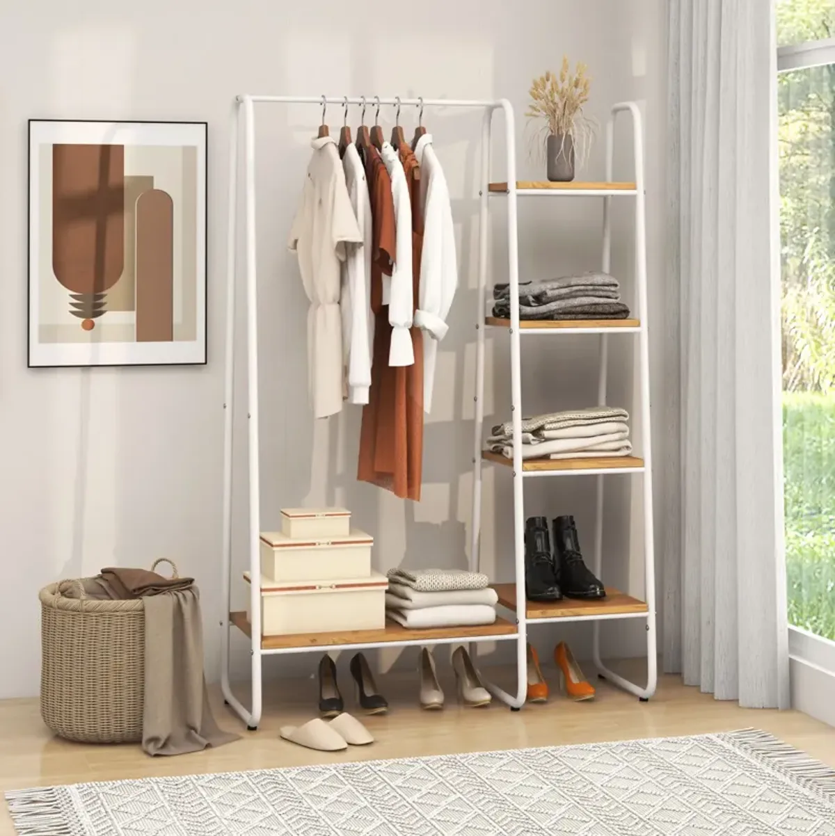 Clothes Rack Free Standing Storage Tower with Hanging Bar