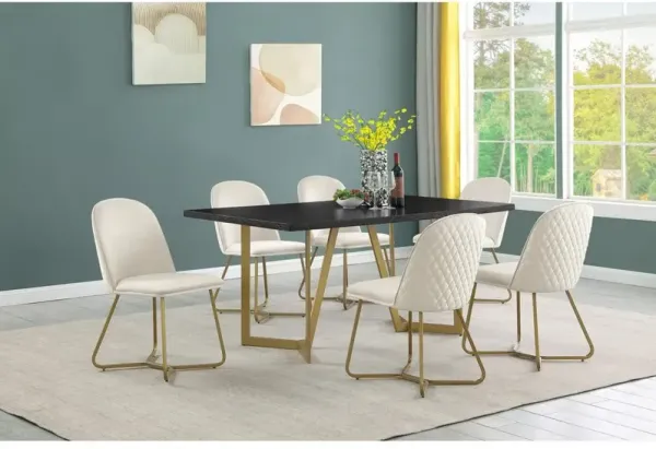 7pc rectangle dining table- Black wood top w/ 6 cream velvet side chairs
