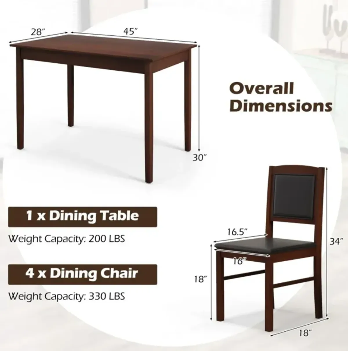 Hivvago 5-Piece Dining Set for 4 with Rubber Wood Legs for Small Dining Room