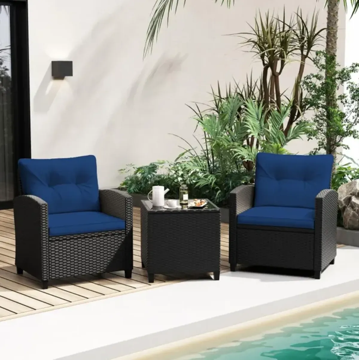 Hivvago 3 Pieces Patio Furniture Set with Tempered Glass Coffee Table