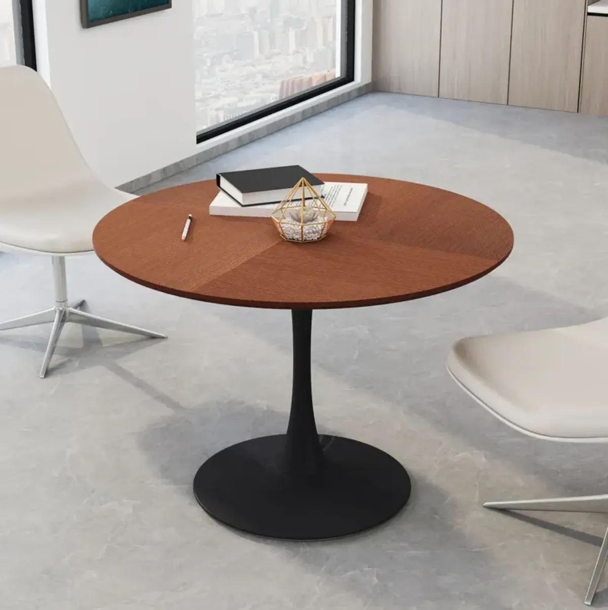 42" Modern Round Dining Table With Printed Oak Color Grain Tabletop