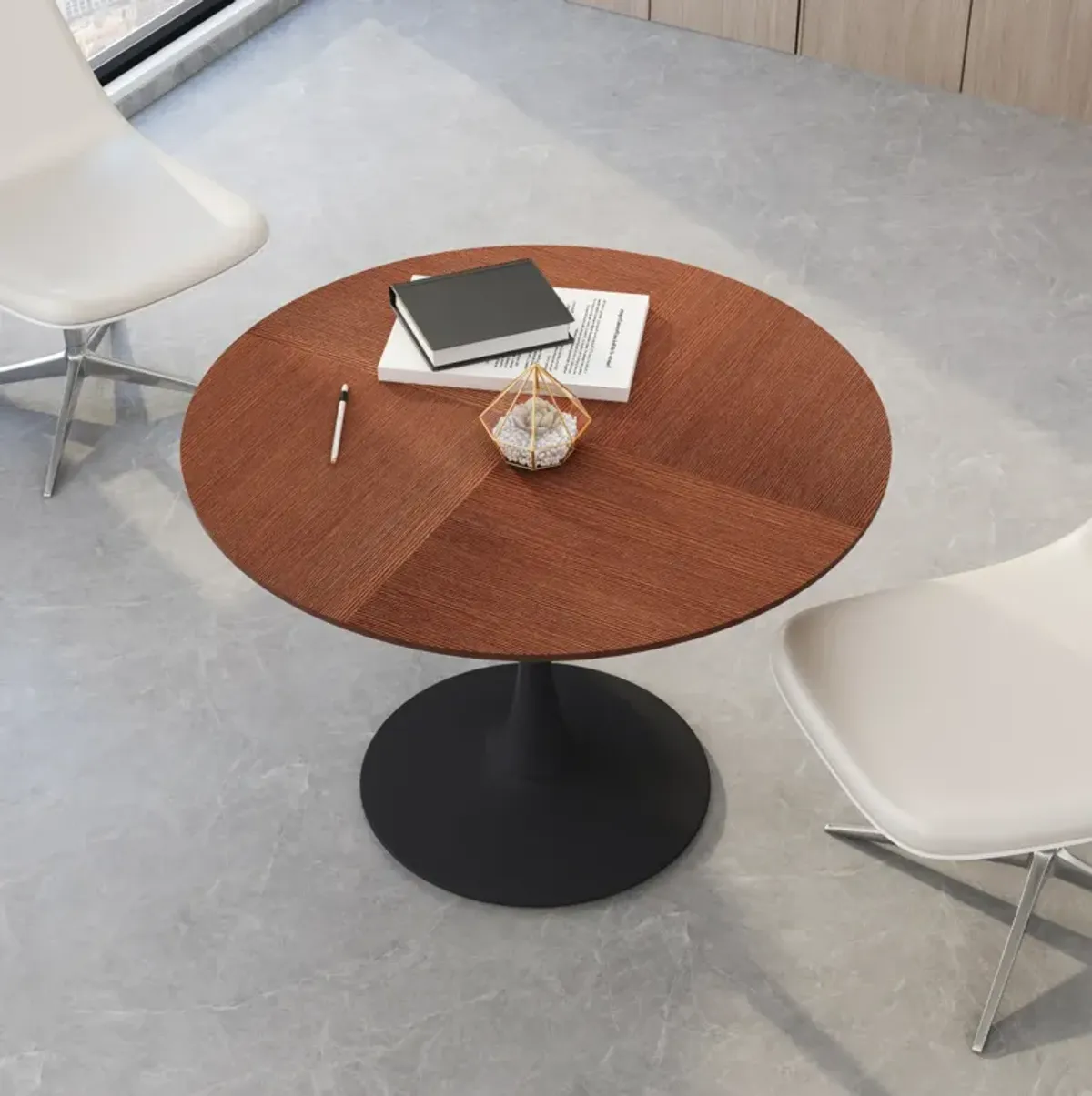 42" Modern Round Dining Table With Printed Oak Color Grain Tabletop