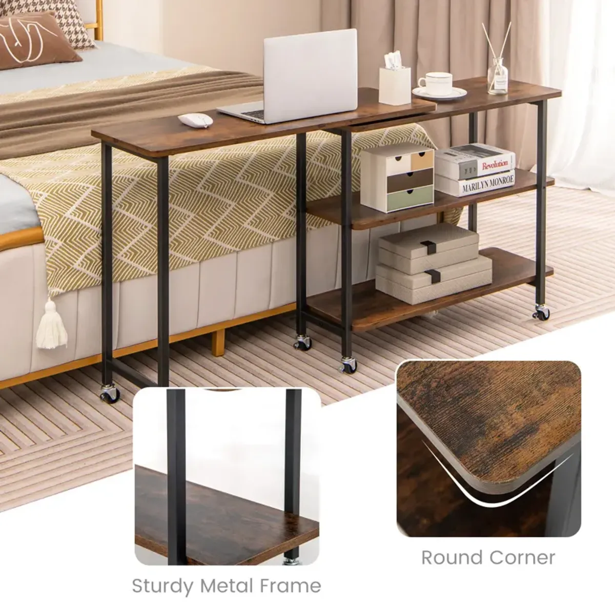 360° Rotating Sofa Side Table with 2-Tier Storage Shelves-Rustic Brown