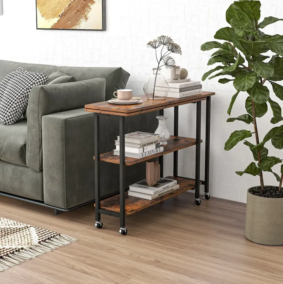 360° Rotating Sofa Side Table with 2-Tier Storage Shelves-Rustic Brown