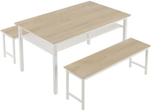 3 Pieces Farmhouse Kitchen Table Set With Two Benches, Metal Frame And MDF Board