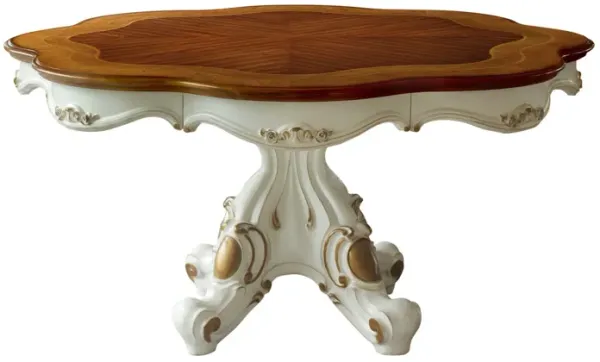 Wooden Top Dining Table With Pedestal Feet, Antique Pearl & Cherry Oak - Benzara