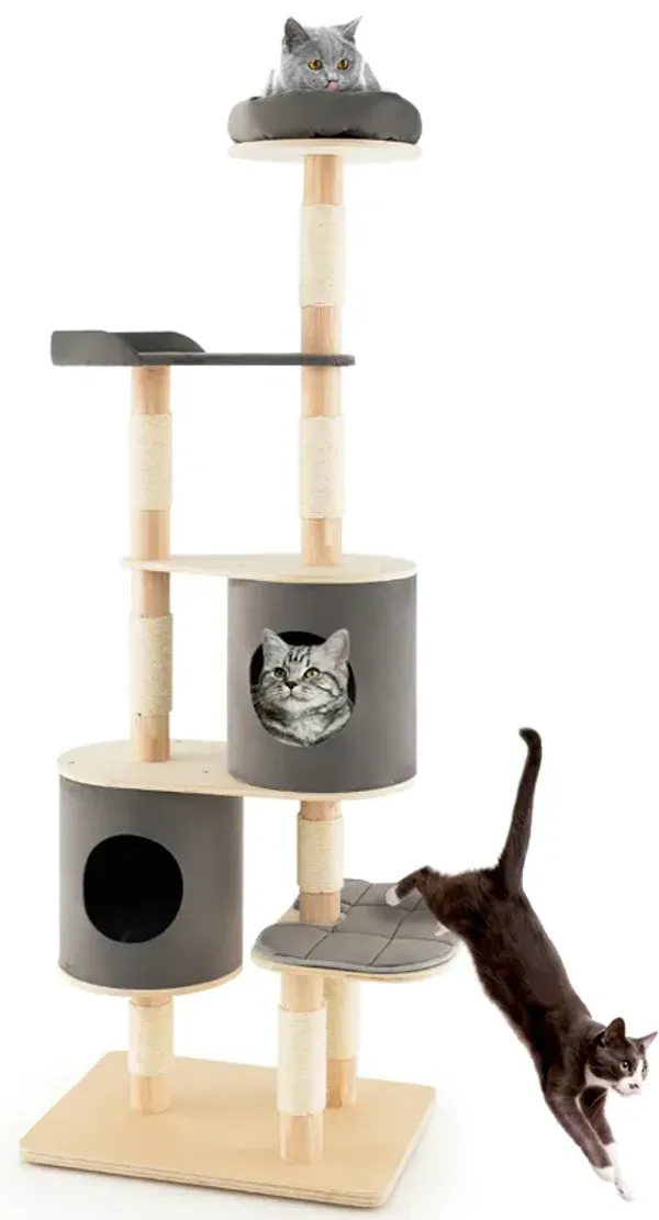 Costway 75'' Multi-layer Wooden Cat Tree Indoor Tower Activity Play Center with 2 Condos Brown
