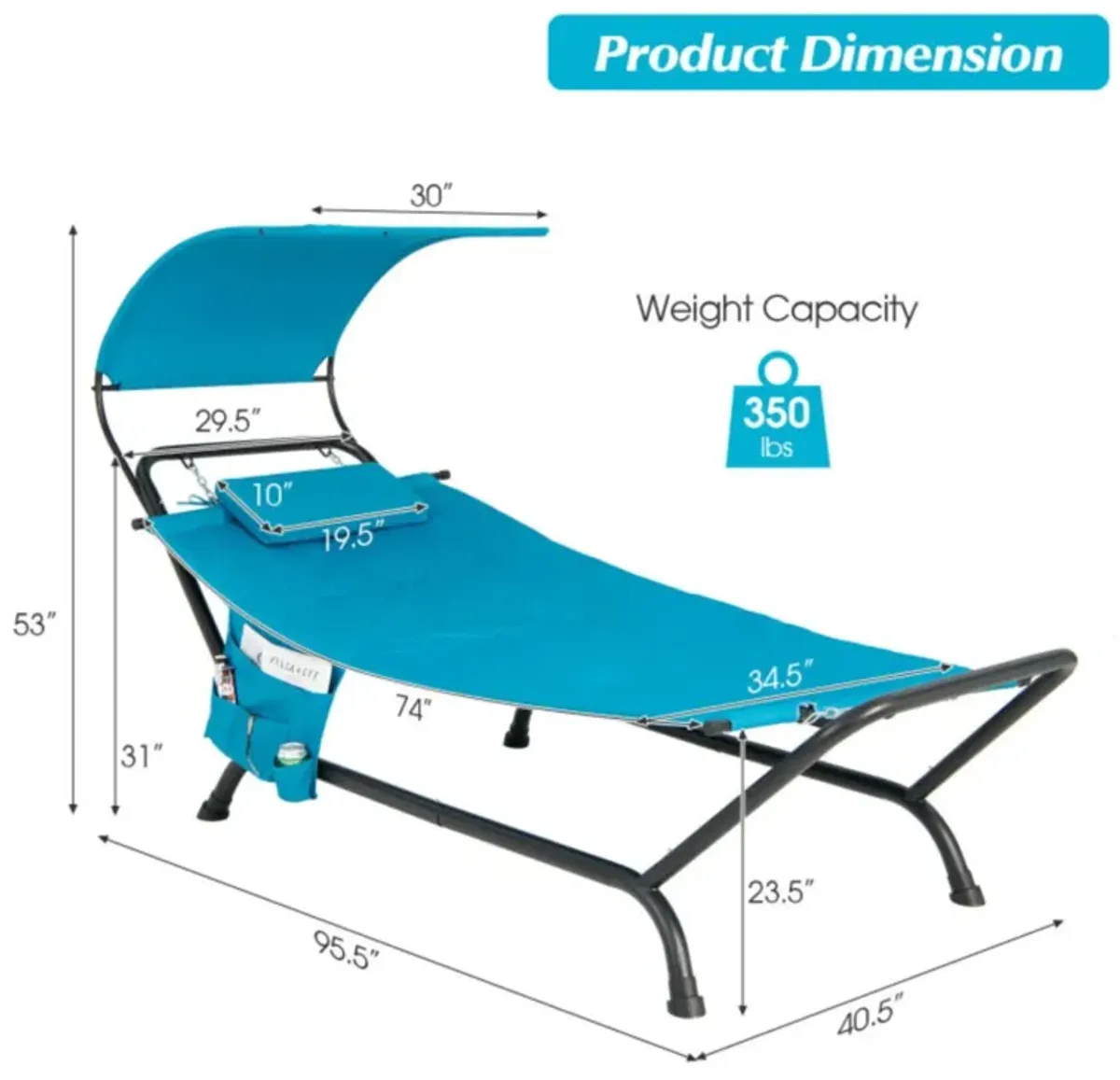 Hivvago Patio Hanging Chaise Lounge Chair with Canopy Cushion Pillow and Storage Bag