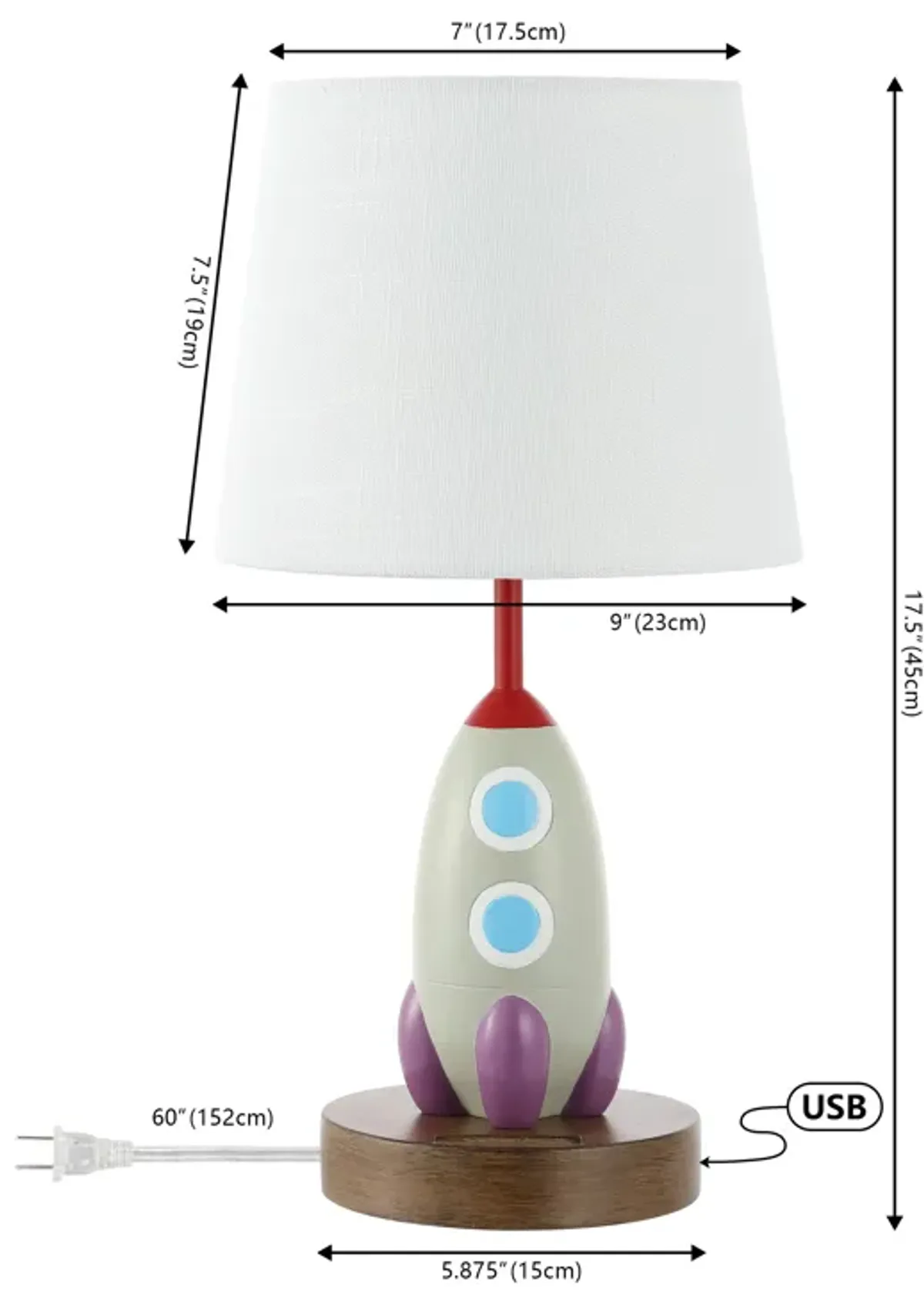 Houston Coastal Style Iron/Resin Rocket LED Kids' Table Lamp with Phone Stand and USB Charging Port