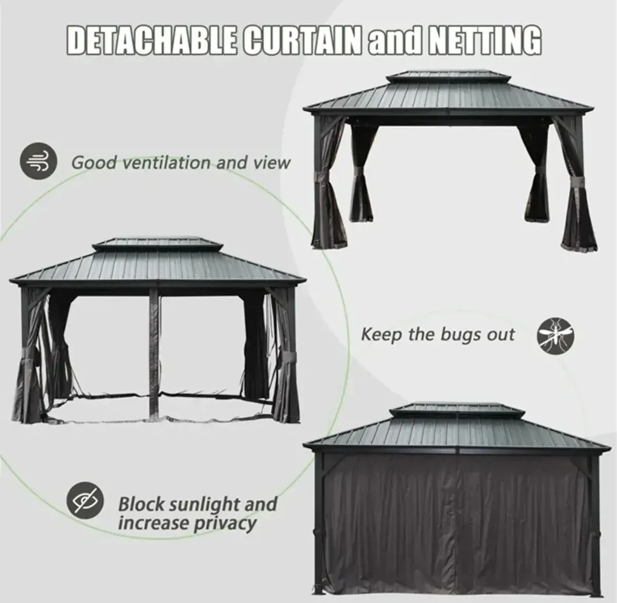 Aluminum grill gazebo with double canopy and curtains netting